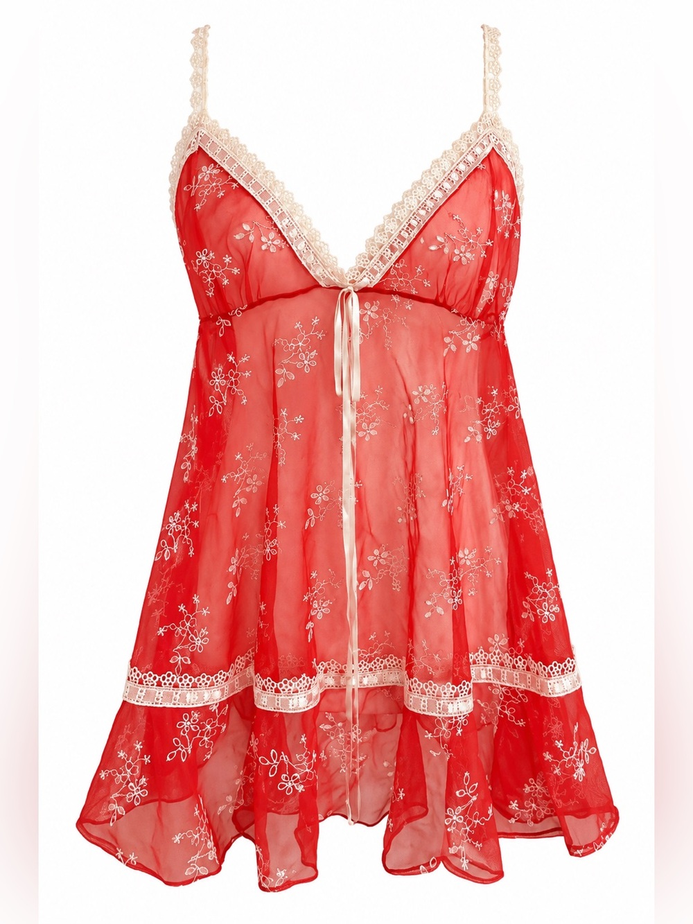 Vintage Y2K Victoria’s Secret Sheer Red Cream Embroidered Babydoll Chemise